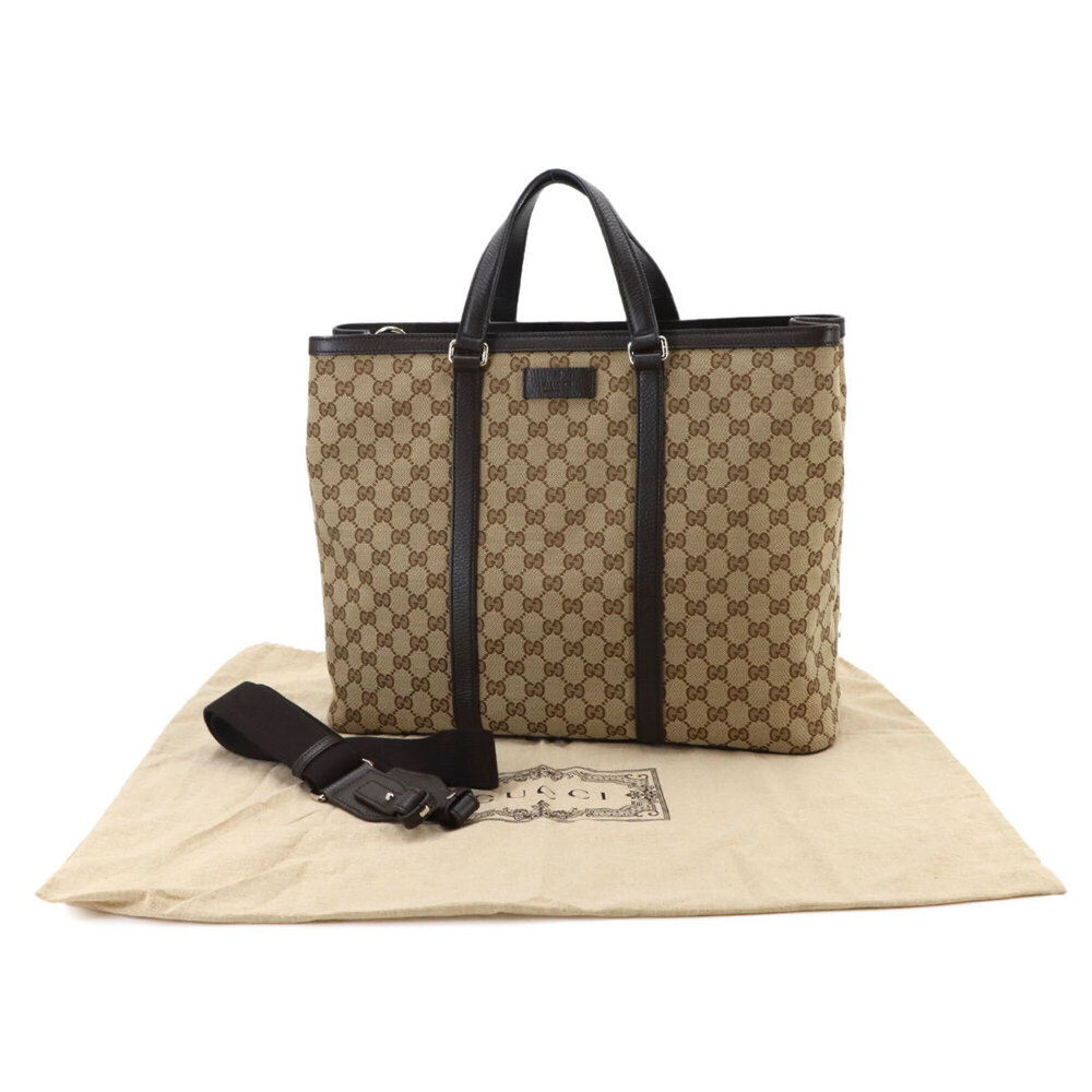 Gucci GG Canvas 2-Way Tote Shoulder Handbag Leather Beige Brown 449169 Silver...